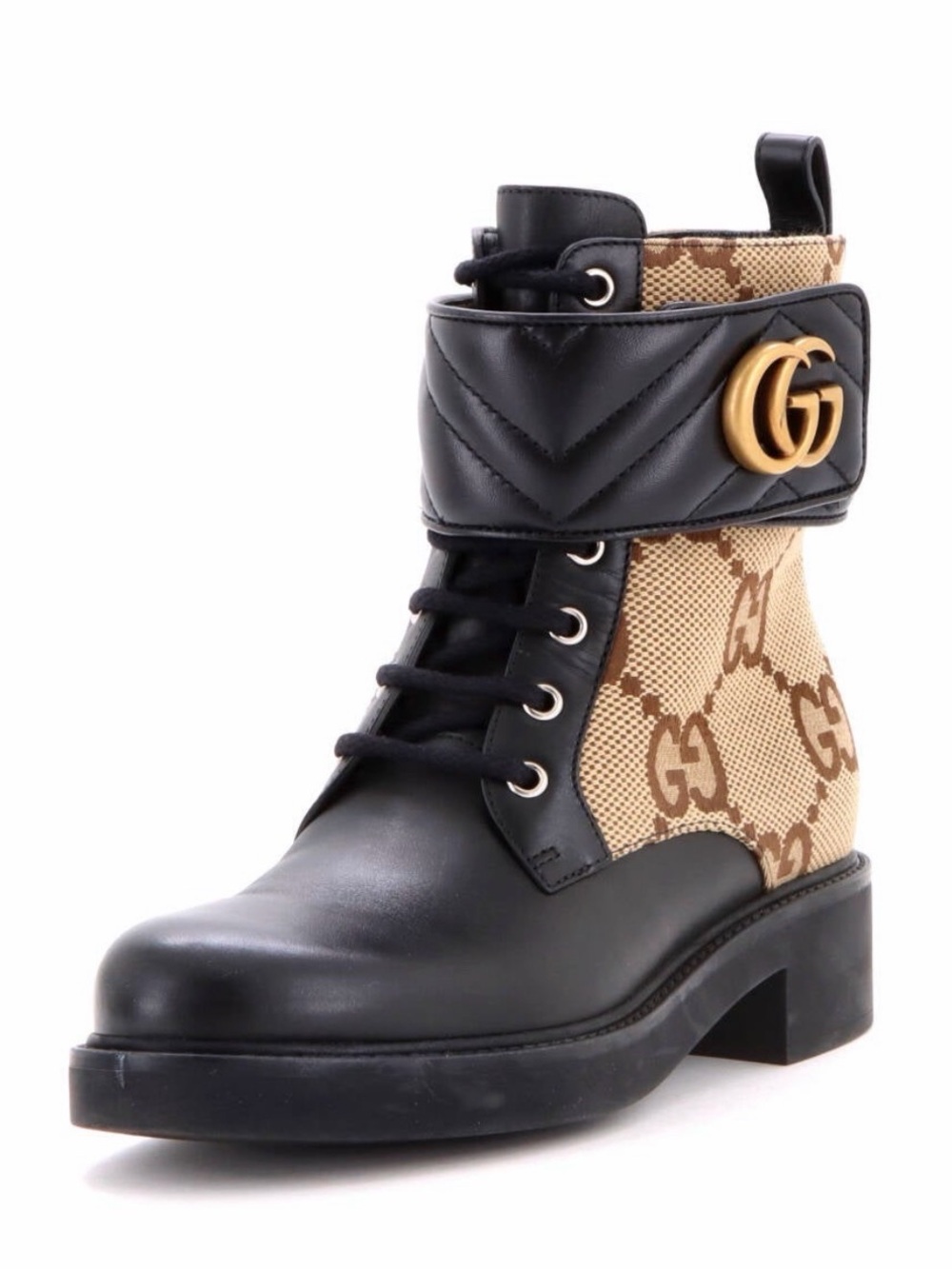 Gucci Black Leather
 Beige JumboGG Canvas Lace Up Ankle Boot with Gold Marmont